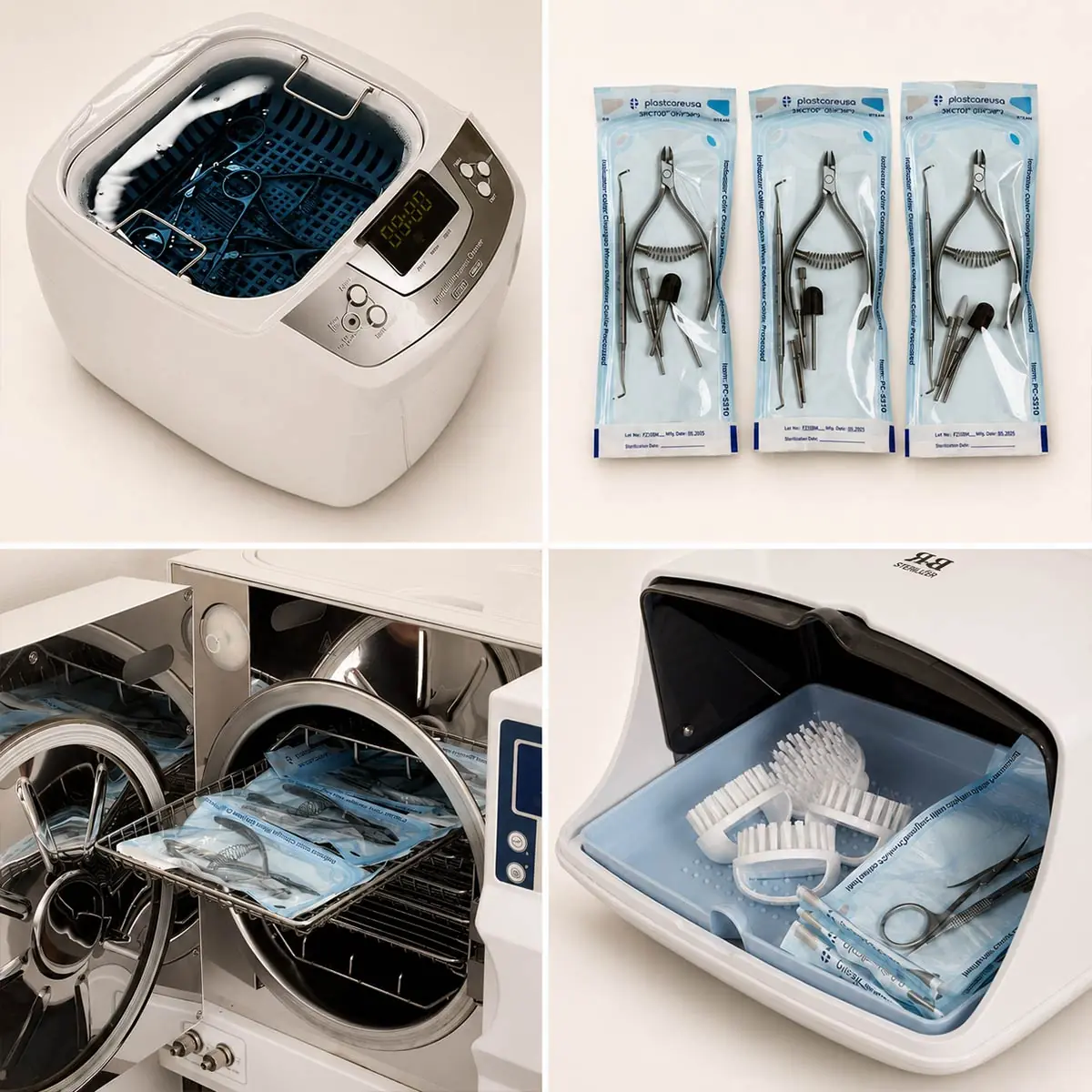 Ultrasonic cleaning, sealed pouches, autoclave and UV storage used in the sterilization cycle